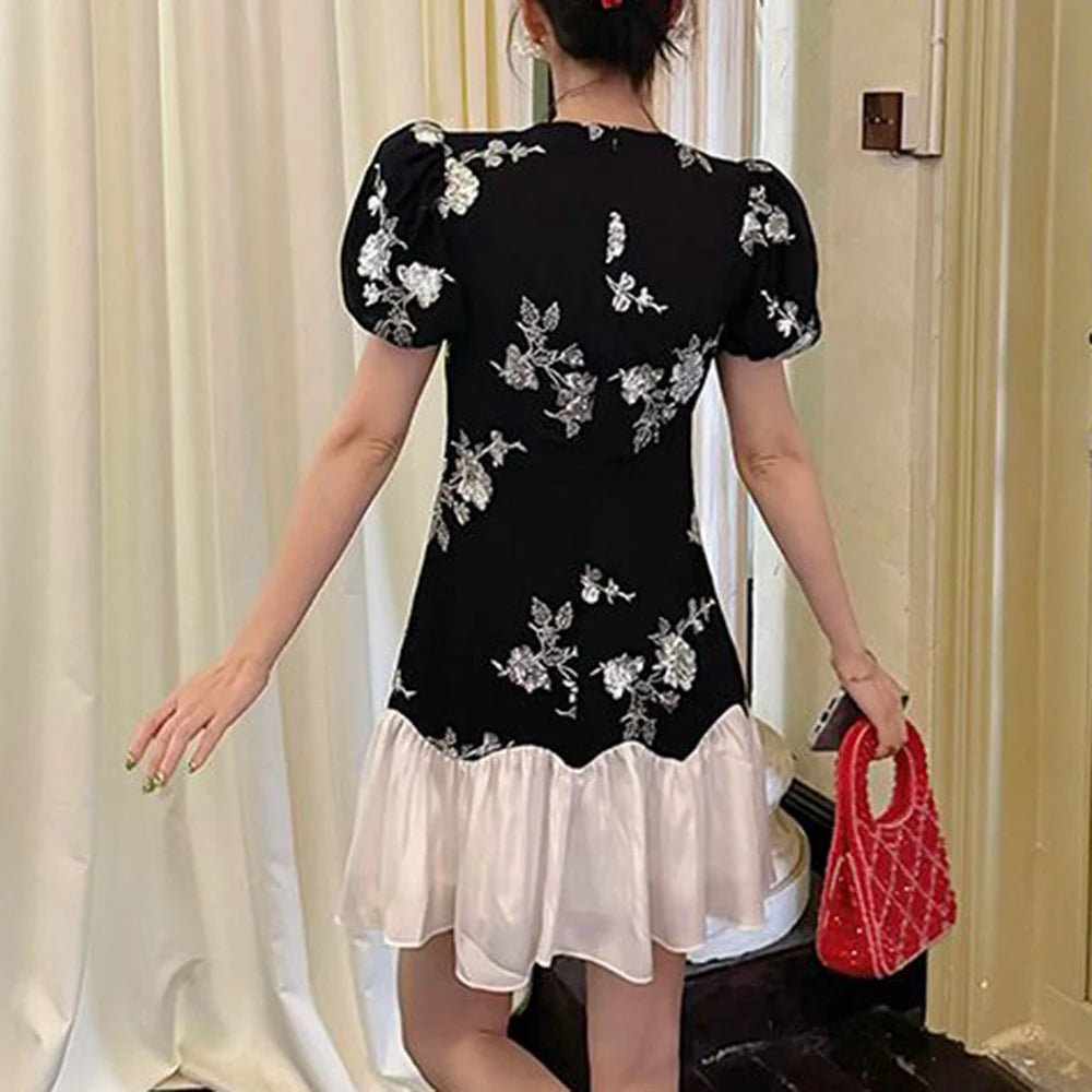 Slim Sequin Embroidery Chinese Style Splice Dress for Women
