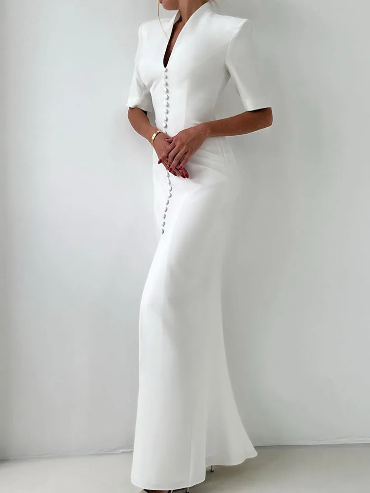 New Fashion Evening Gowns White Elegant Skinny Split Dress Woman Stand Collar Short Sleeve Single Breasted Shoulder Pad Vestidos