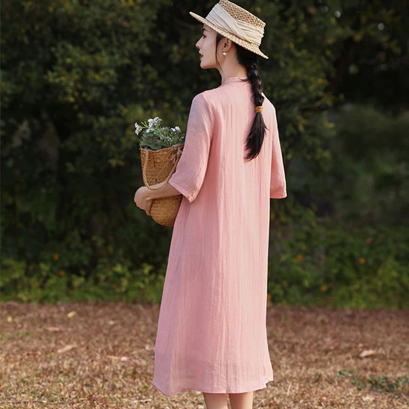 Elegant Floral Embroidered Ramie + Cheongsam Dress + for Women