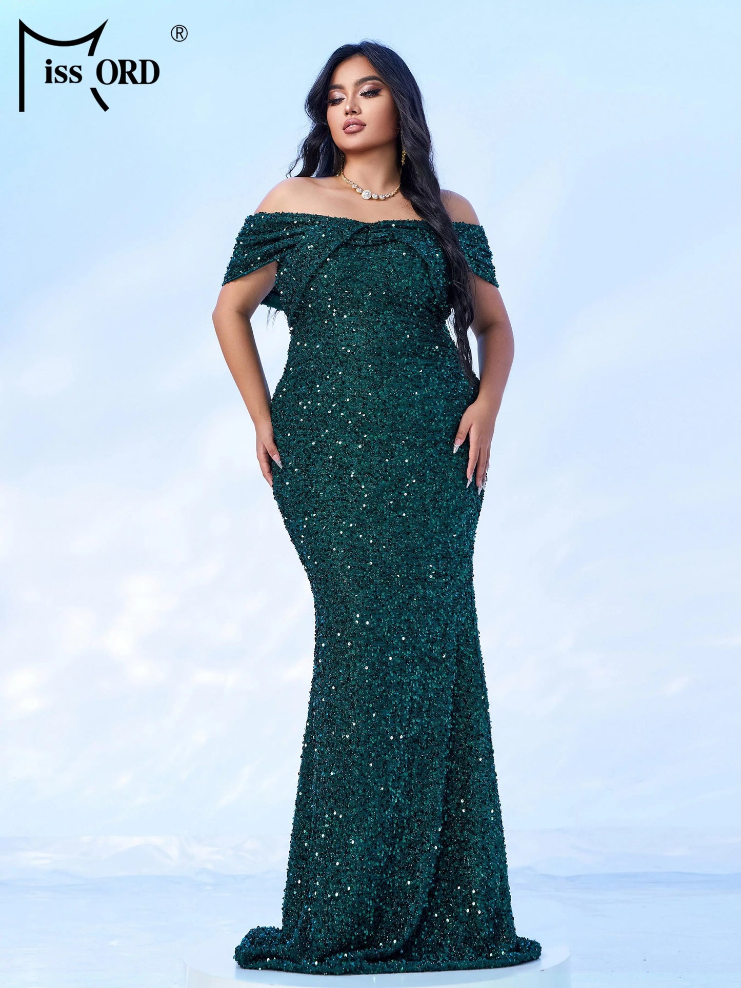 Missord Grey Sequin Plus Size Evening Dress Elegant Women Off Shoulder Bodycon Maxi Mermaid Party Prom Dresses Long Formal Gown