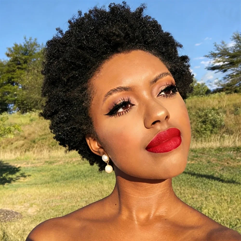 Natural Black Short Afro Kinky Curly Remy Human Hair Wig For Women