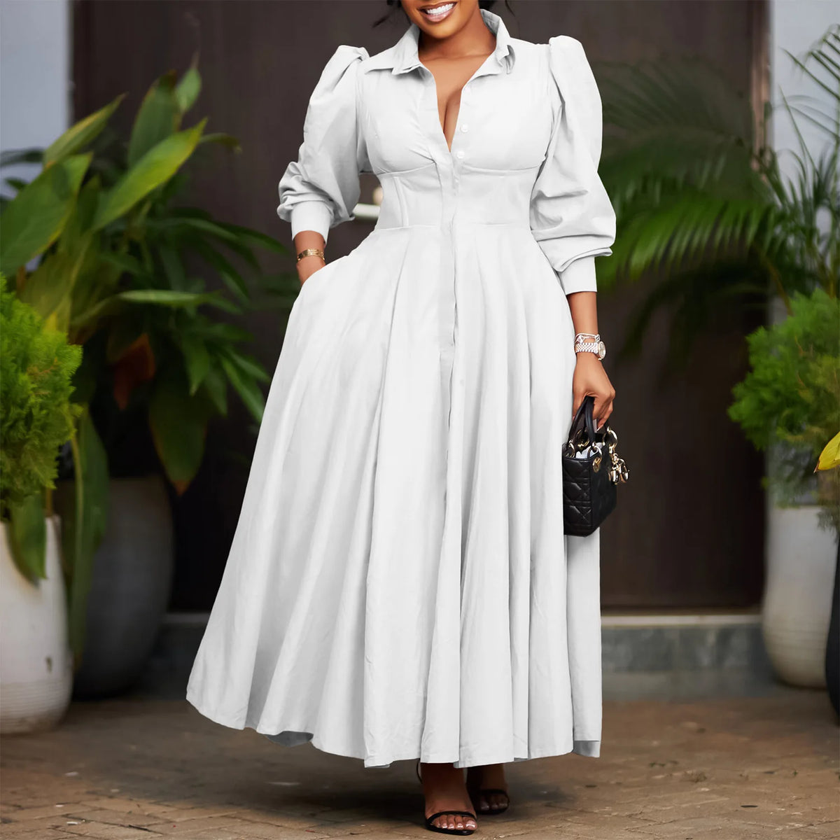 Plus Size V-Neck Long Sleeve Ankle-Length Dress for Women
