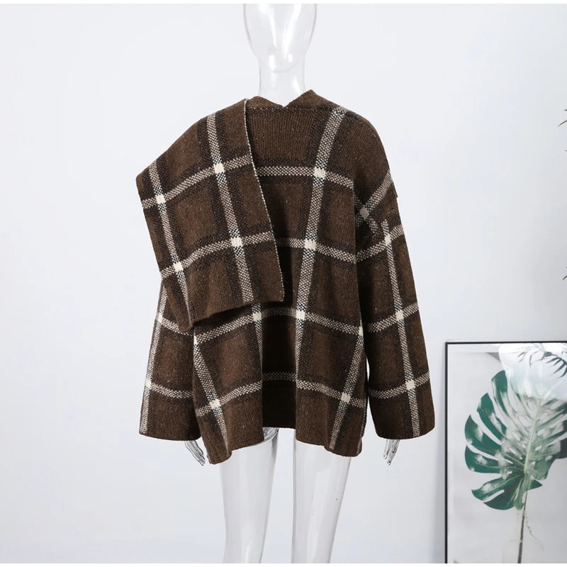Plaid V-Neck Knit Cardigan With Double Pockets For Women