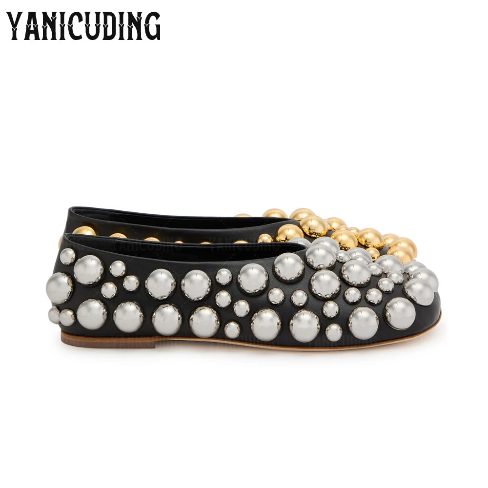 Metallic Stud Embellished Square Toe Ballet Flats for Women