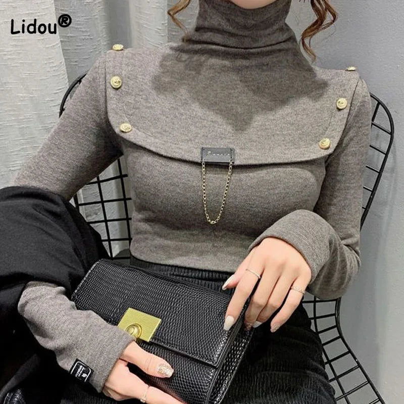 Elegant Button Detail Knit Turtleneck Sweater For Women