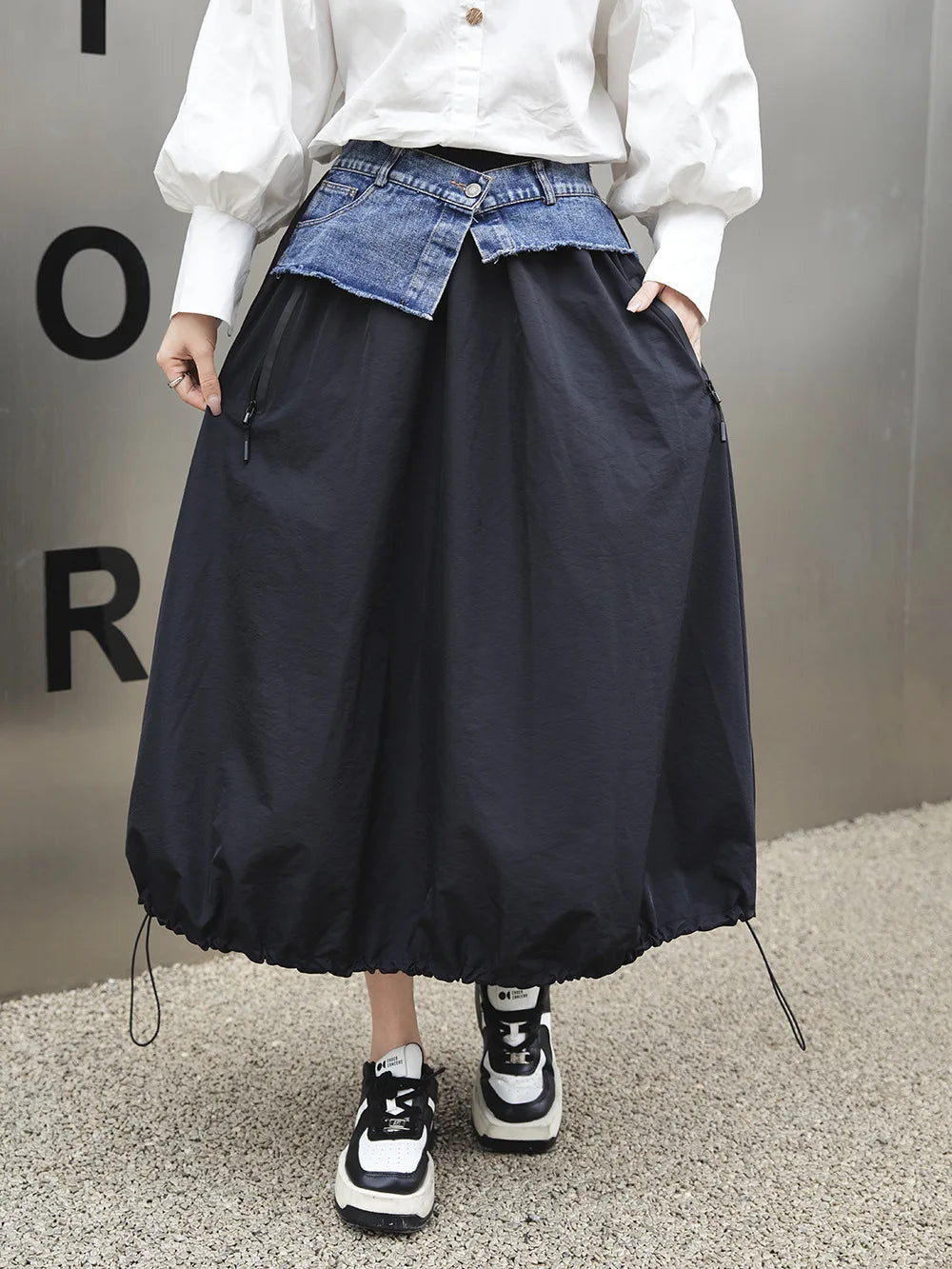 Casual Ankle-Length Spliced Denim with Contrast Color Skirt for Women