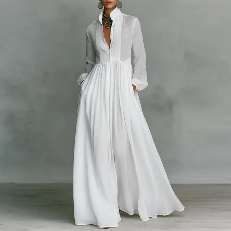 Elegant High Waist Pleated Long Sleeve Maxi Dress for Women