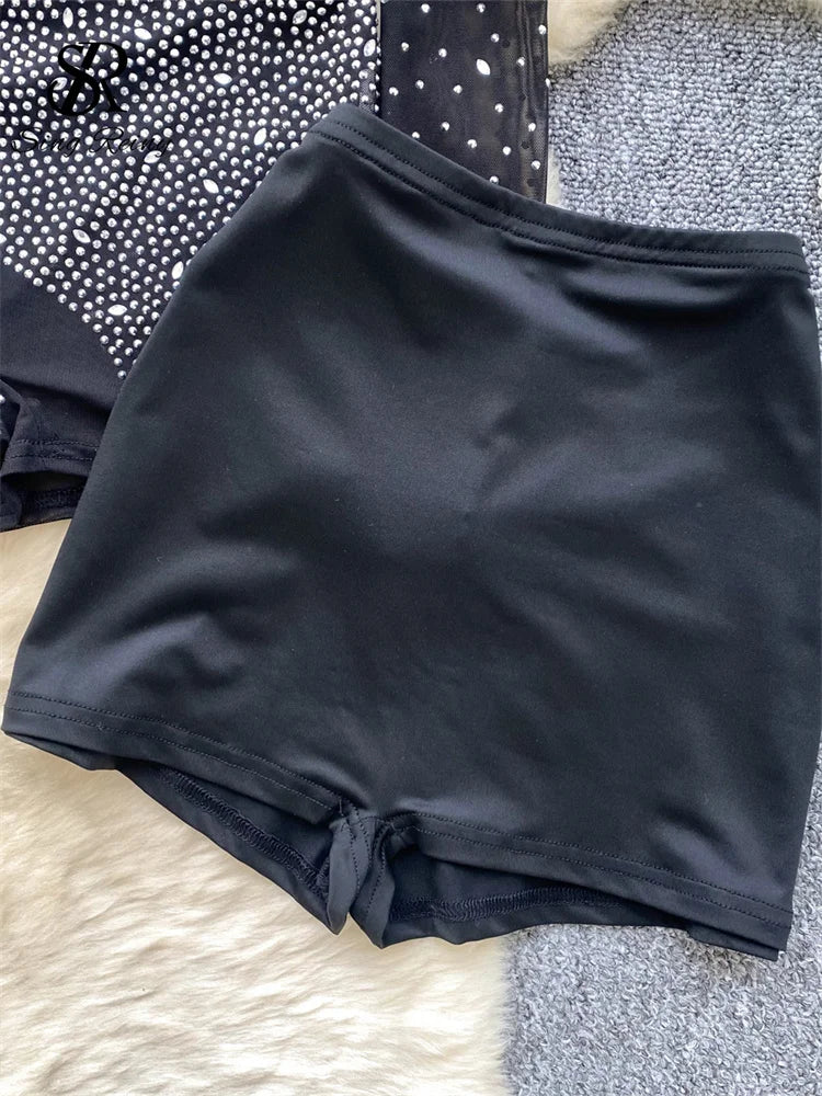 Sheer Long Sleeve Zipper Mesh Romper With Shorts for Women