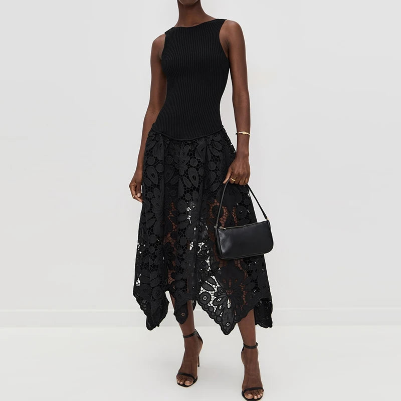 Black Patchwork O-Neck Sleeveless Party Dress for Women