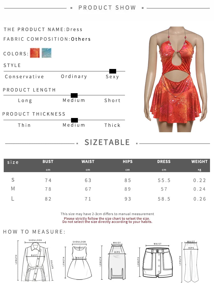 Weird Puss Beads Chain Halter Dress Women Fashion Print Sexy Hollow Off Shoulder Vacation Beach Style Ruched Elegant Outfits