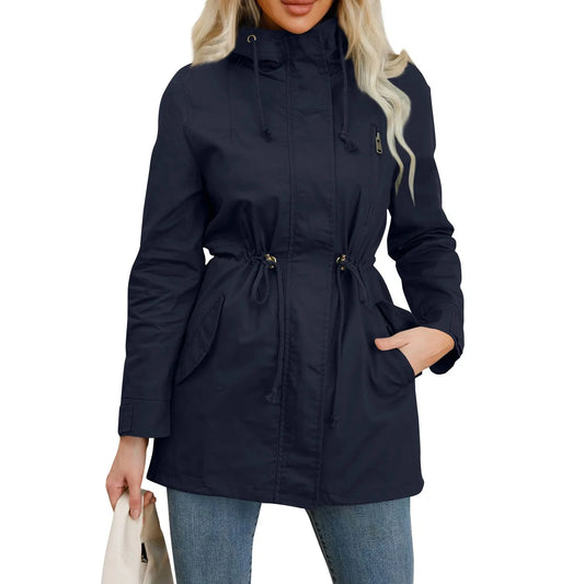 Women's Hooded Trench Coat Spring Autumn Fitted Solid Color Jacket for Daily Outdoor Camping Hiking