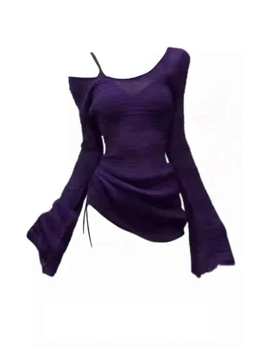 Women's Purple Y2k Knitted T-shirt Harajuku Tee Top Vintage 90s Aesthetic Oversize Flare Sleeve T-shirts 2000s Emo Clothes 2025
