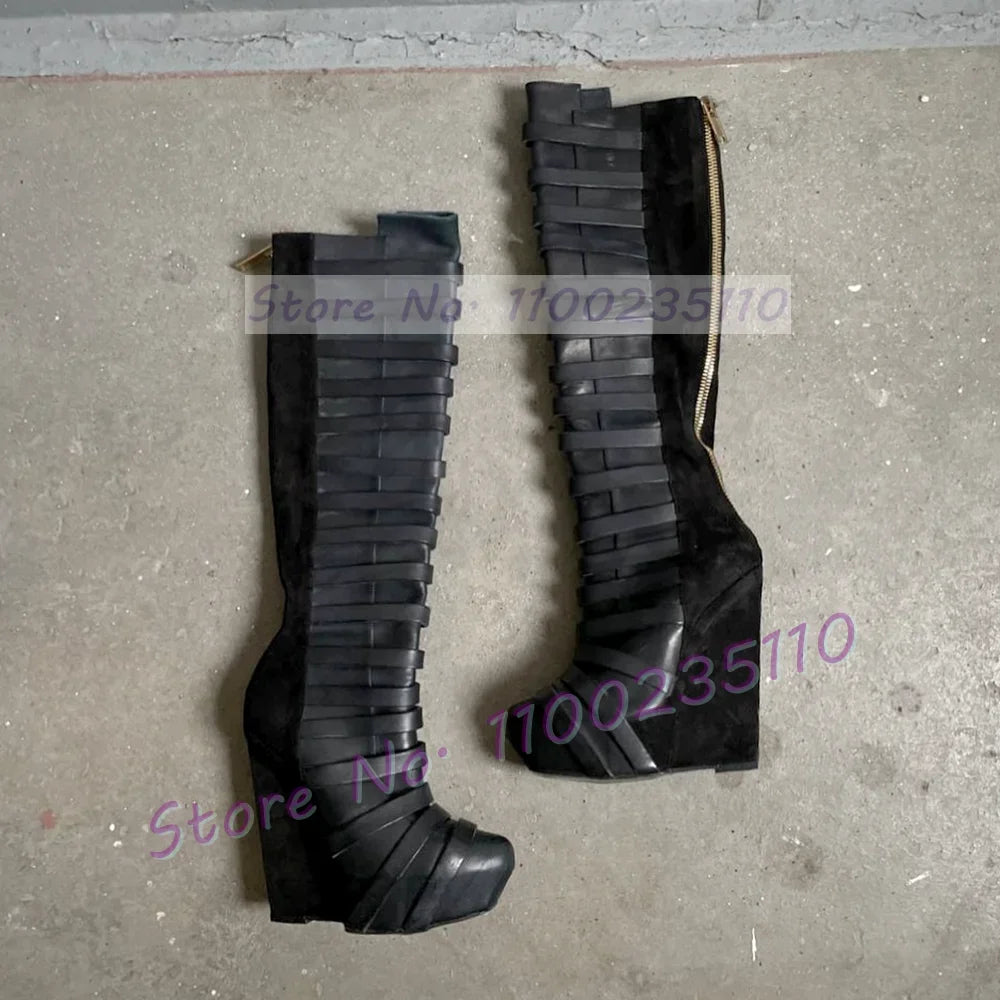 Chic Black Platform Wedge Knee High Boots for Women