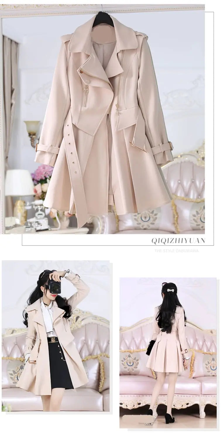 2025 Spring and Autumn Women's Windbreaker Beige British Trench Coat Mid Length Long Sleeved Fashionable Clothing
