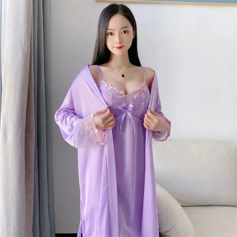 Comfortable Relaxed Fit Lace Up Two Piece Robe Set For Women