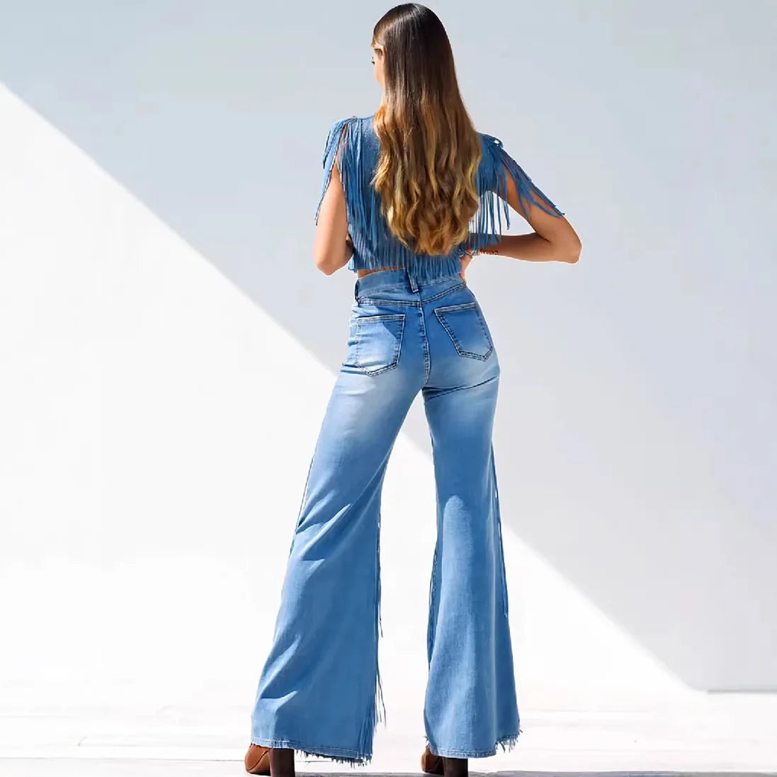 Dark Blue Loose Asymmetrical Tassel Denim Jeans For Women