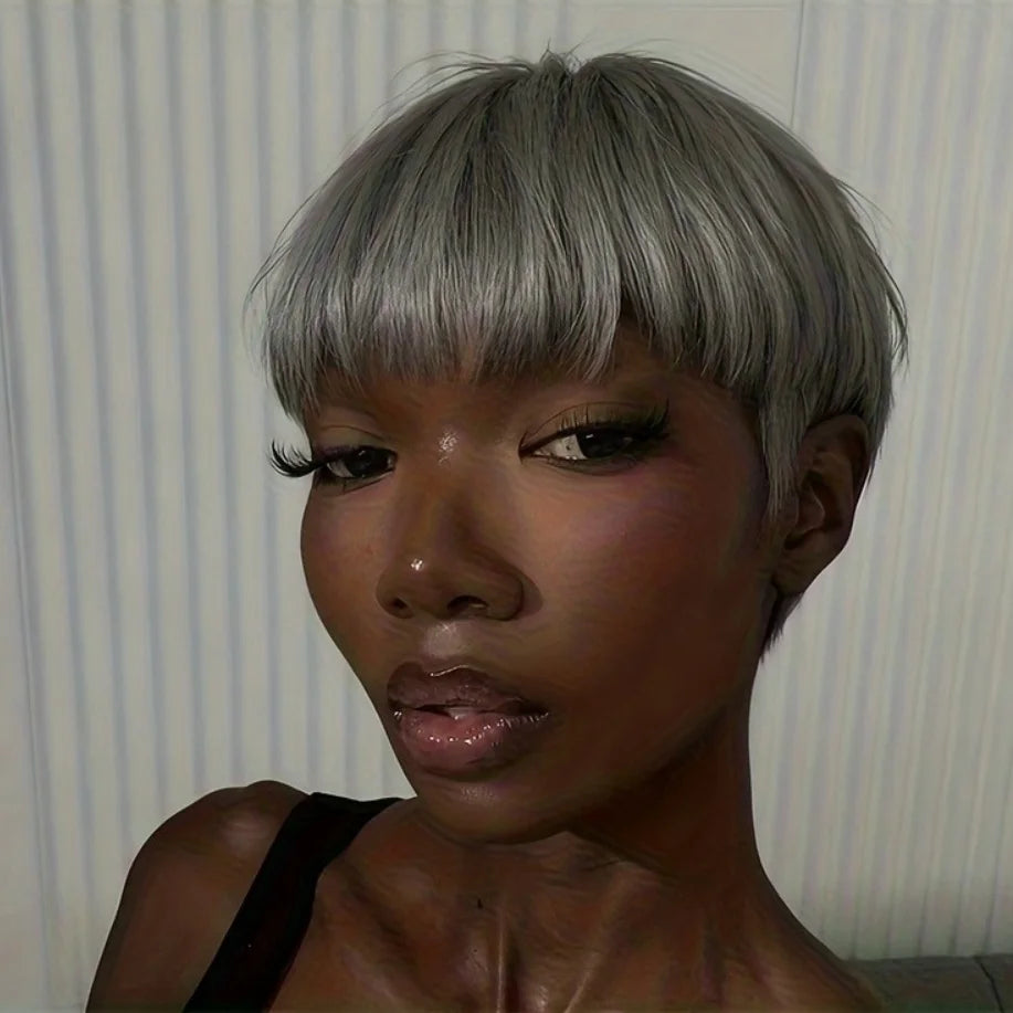 Short Straight Gray Human Hair Wig With Natural Look for Women