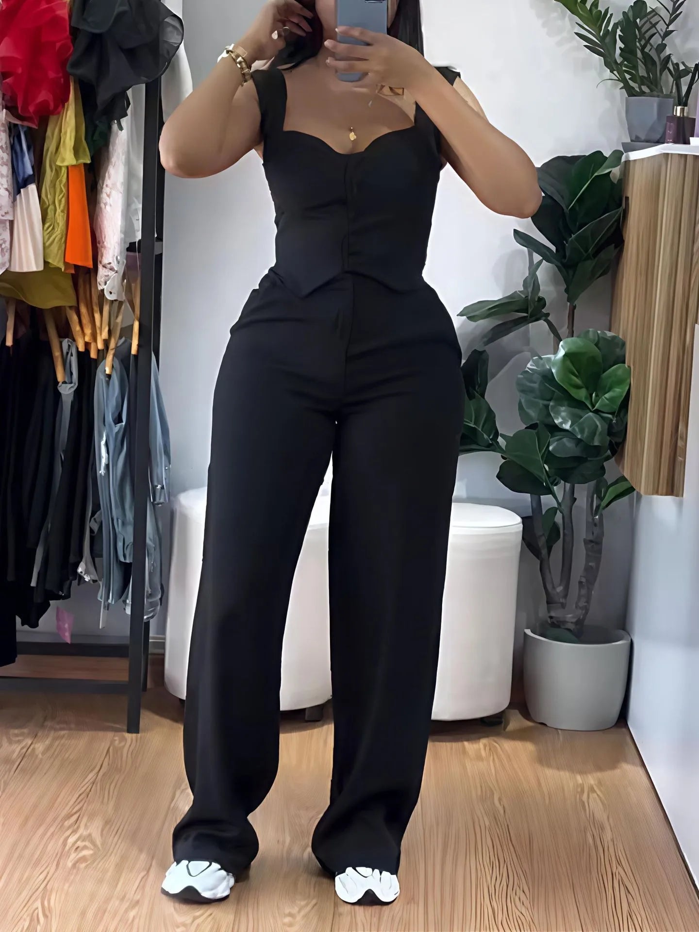 Elegant Solid Color Strapless Suspender Vest Trousers Two-Piece Set for Women