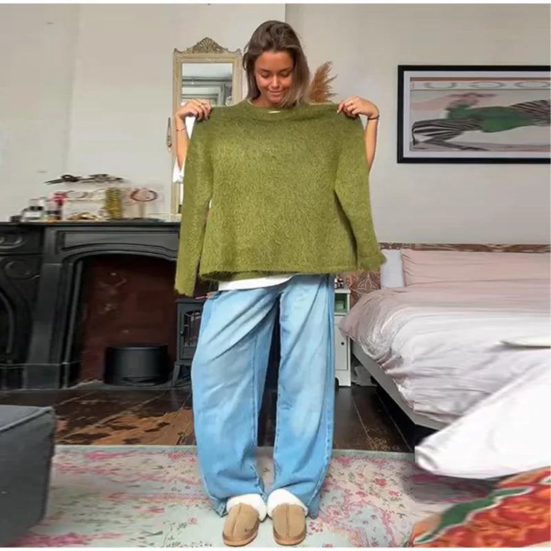Green Women's Knit Hoodie Coat Full Sleeve Front Pocket  Casual Sweater Top 2025 Early Autumn Loose Female Knitwear Outerwear