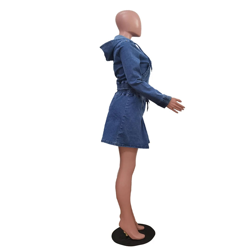 Hooded Denim Crop Top And Pleated Skirt Set for Women