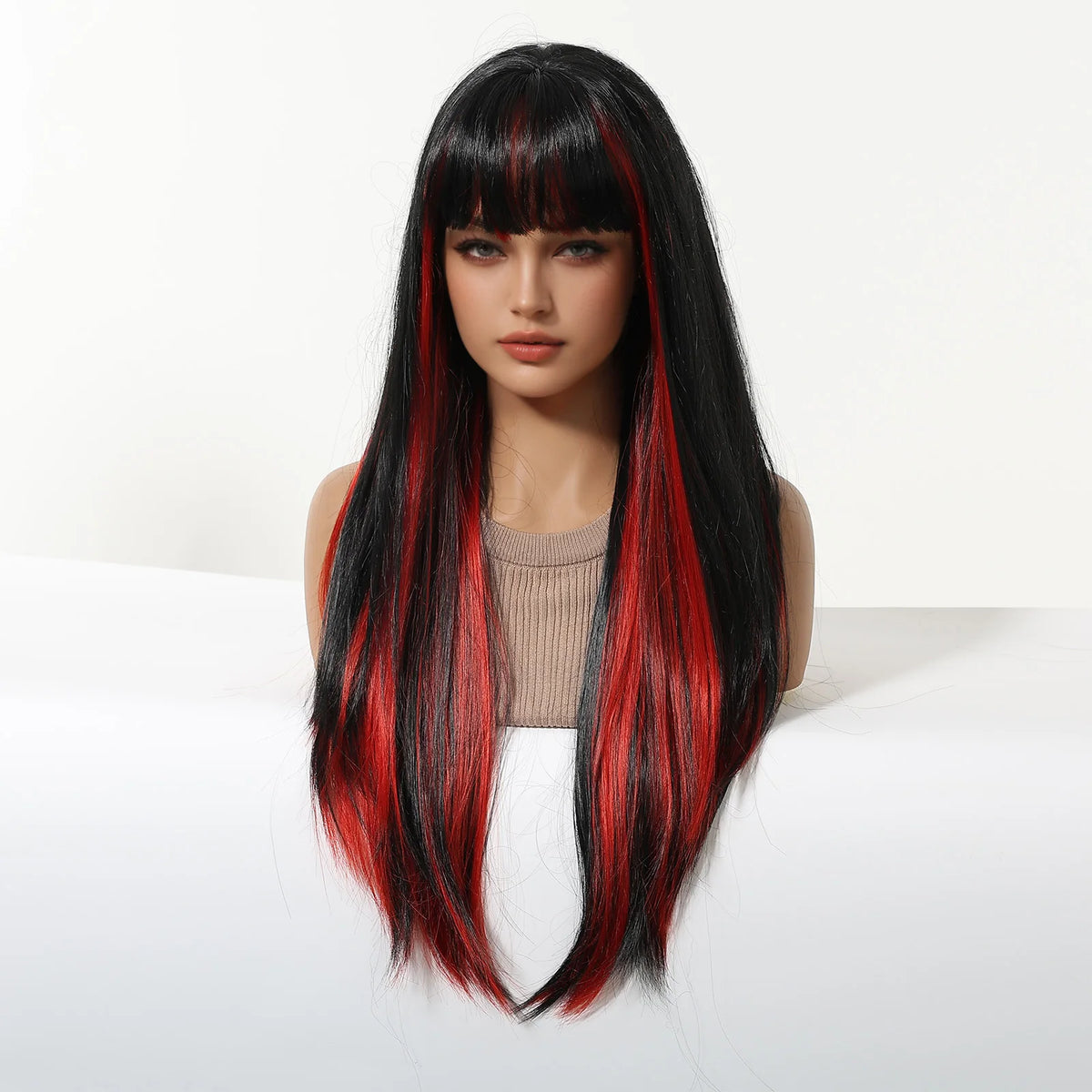 Long Straight Synthetic Wig With Bangs and Red Highlights for Women