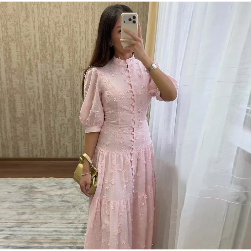 Floral Puff Sleeve Empire Waist Long Dress for Women
