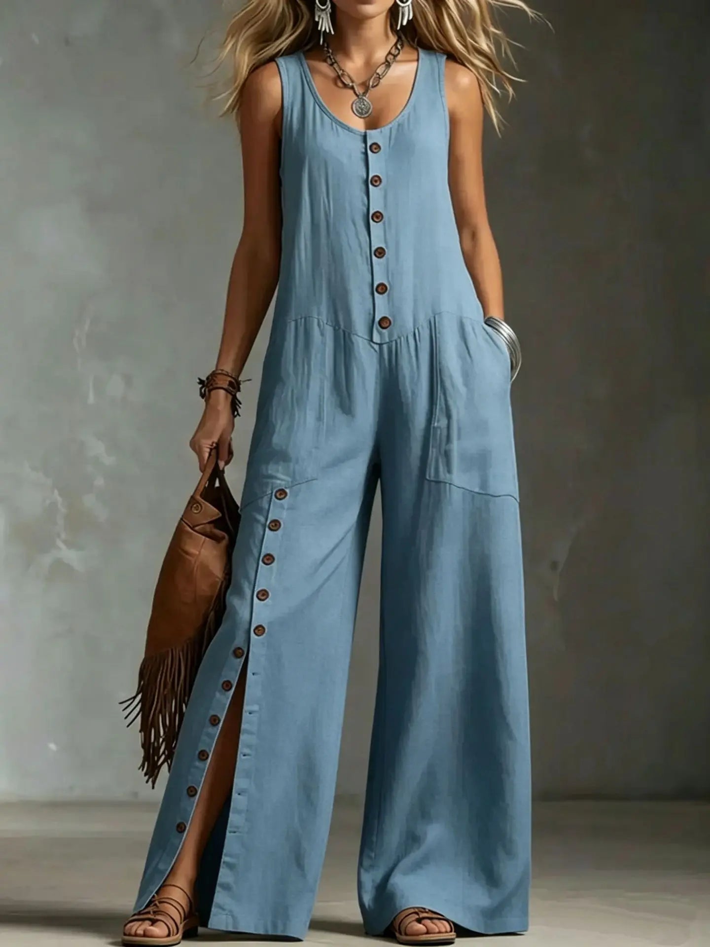 Sleeveless Solid Color Wide Leg Jumpsuit With Front Button Placket for Women