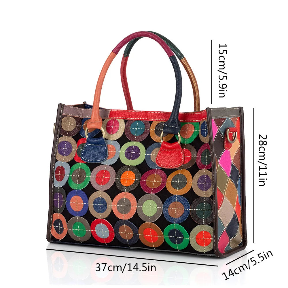 Genuine leather women's bag, ethnic style color contrasting design, large capacity tote bag, women's handbag