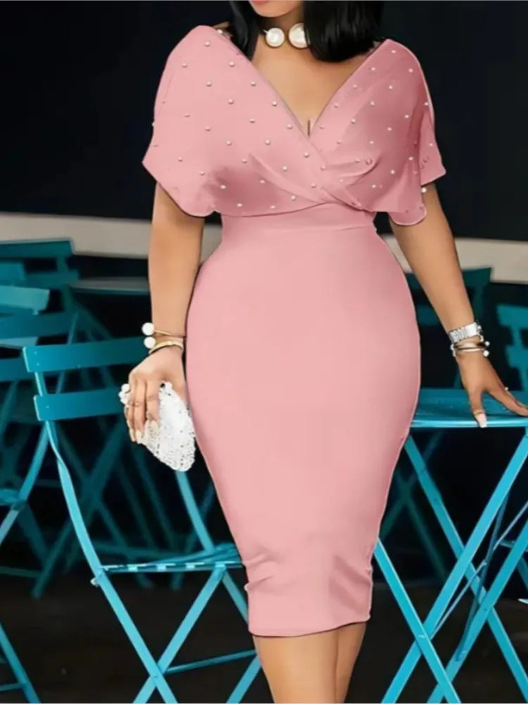 Elegant Solid V Neck Short Sleeve Knee Length Dress for Women