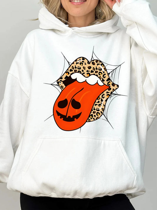 Women Sweatshirt Halloween sexy lip Hoodies Lightweight Cotton Hooded Sweatshirt - Breathable Fabric with Contrast Stitching