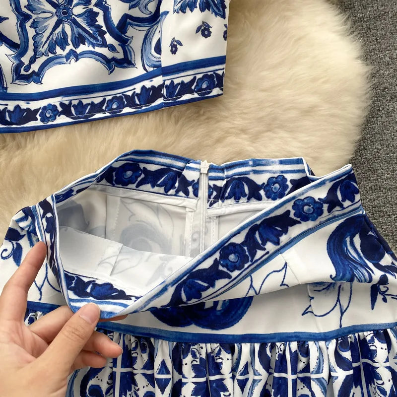 Blue and White Porcelain Print Two Piece Set for Women