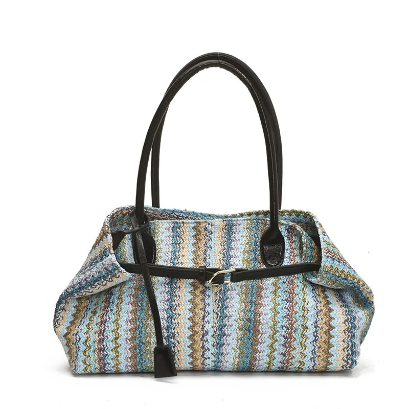 Large capacity rainbow woven tote bag, women's new versatile commuting beach bag, shoulder bag