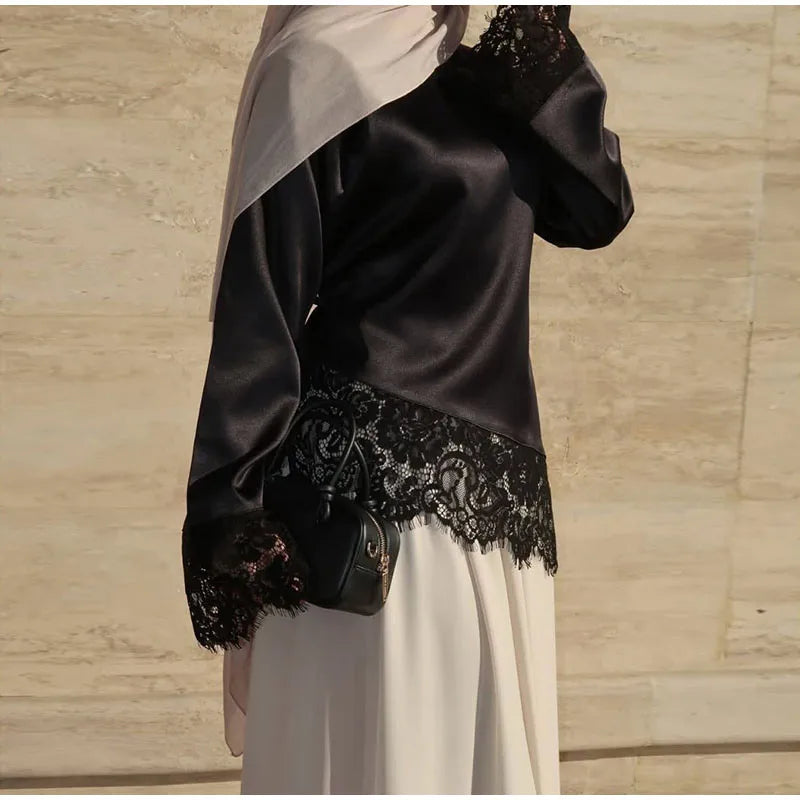Asymmetric Lace Patchwork Loose Long Sleeve Shirt for Women