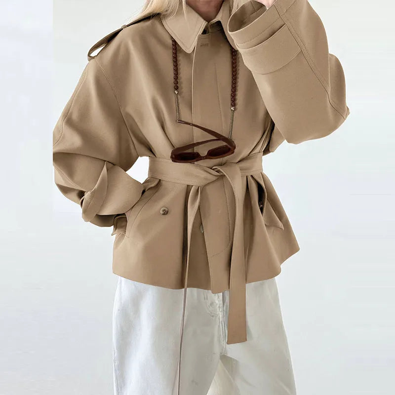 Elegant Belted Vintage Style With Stand Collar Coat for Women