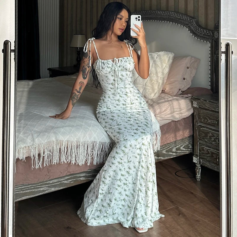Sleeveless Floral Print Lace Up Backless Maxi Dress for Women