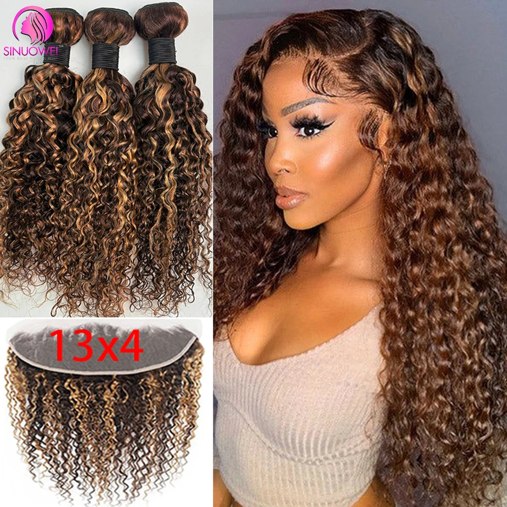 Highlight Water Wave Human Hair Bundles With Lace Closure for Women