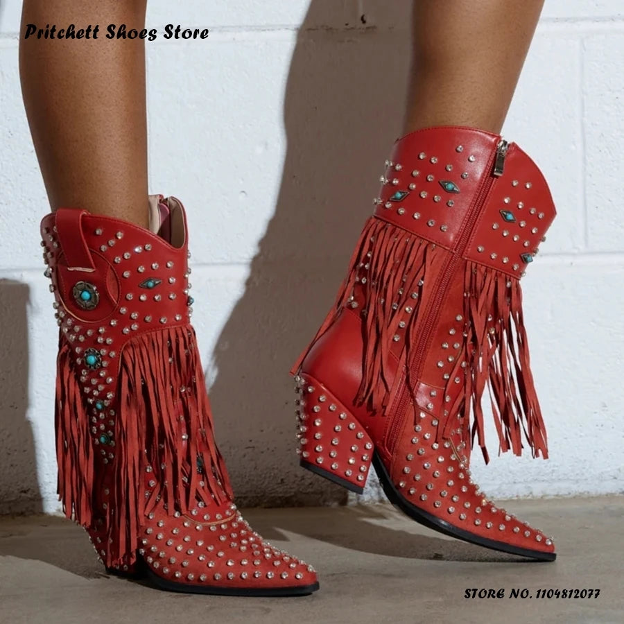 Crystal Embellished Fringe Pointed Toe Leather Wedge Boots for Women