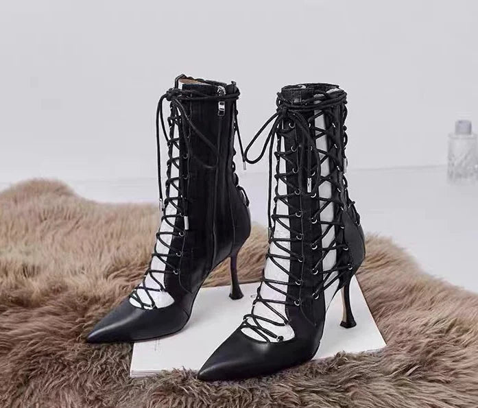 Stylish Black Pointed Toe Lace Up Ankle Boots for Women