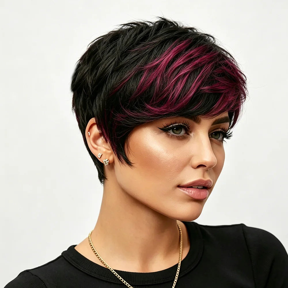 Short Black Burgundy Highlighted Pixie Wig For Women