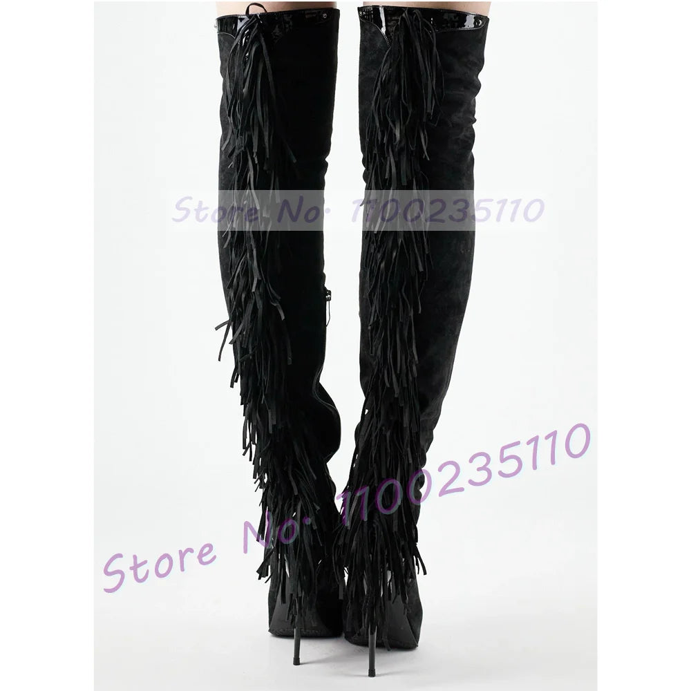 Grey Fringe Leather Over Knee Boots