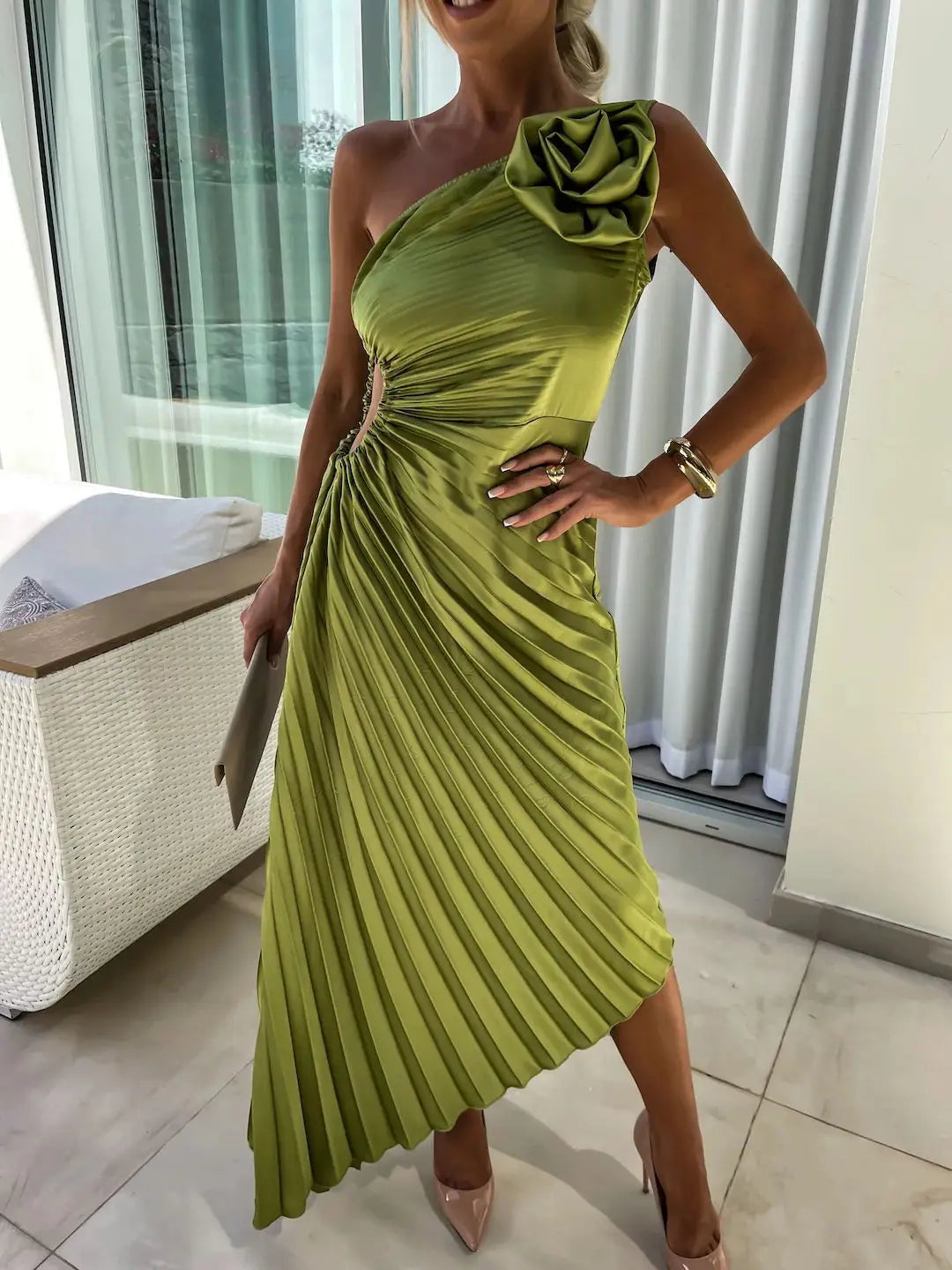 One Shoulder Flower Decor Pleated Elegant Dress for Women