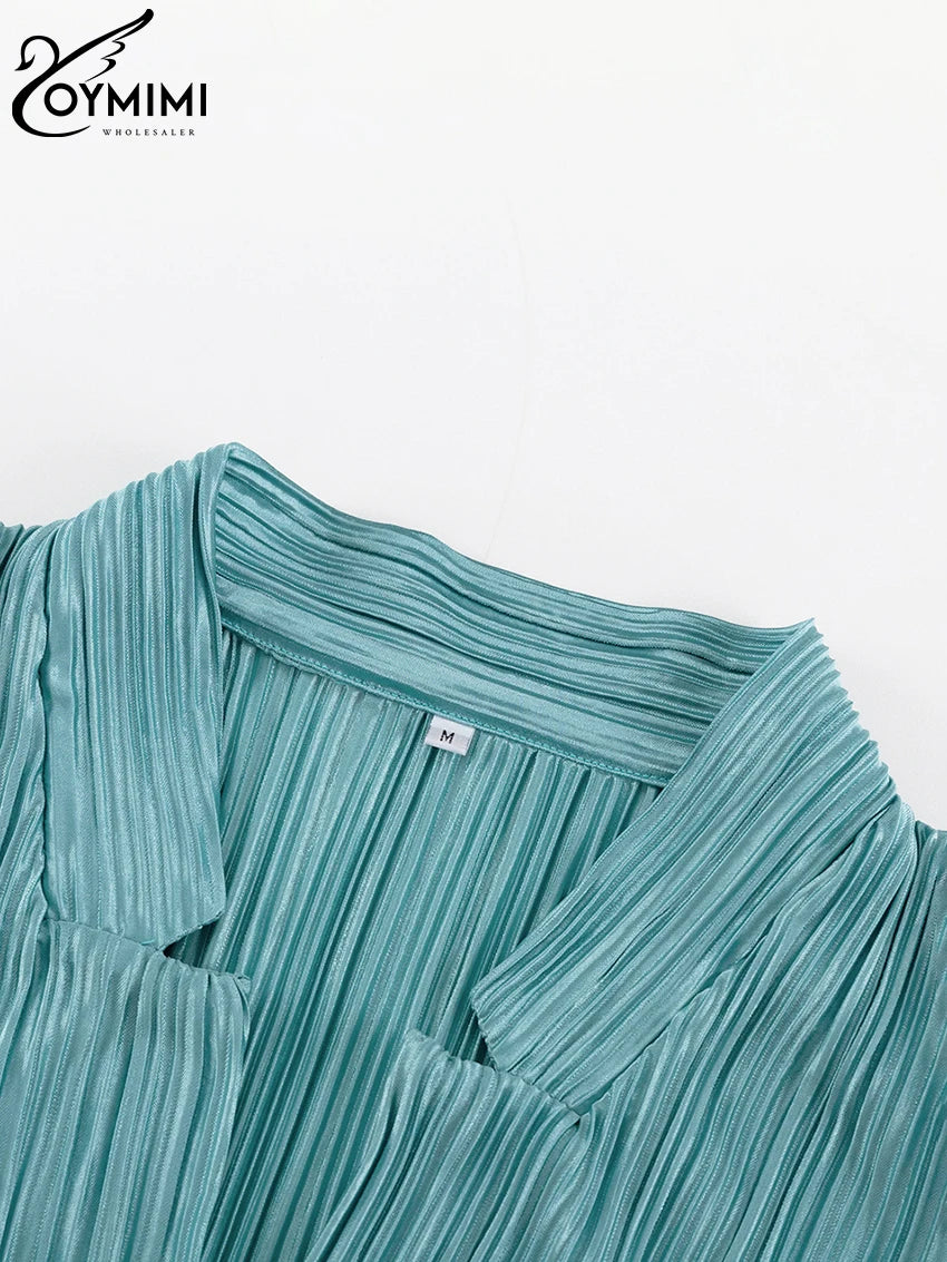 Oymimi Sexy Black Pleated 2 Piece Sets Women Outfit Fashion Loose Slit Long Sleeve Lace-Up Top With High Waist Pants Set Female