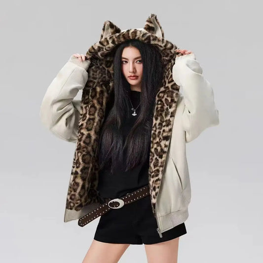 Leopard Print Cat Ear Hood Cardigan
