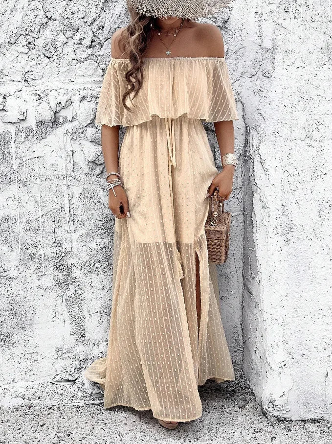 Boho Off Shoulder Short Sleeve Maxi Dress for Women
