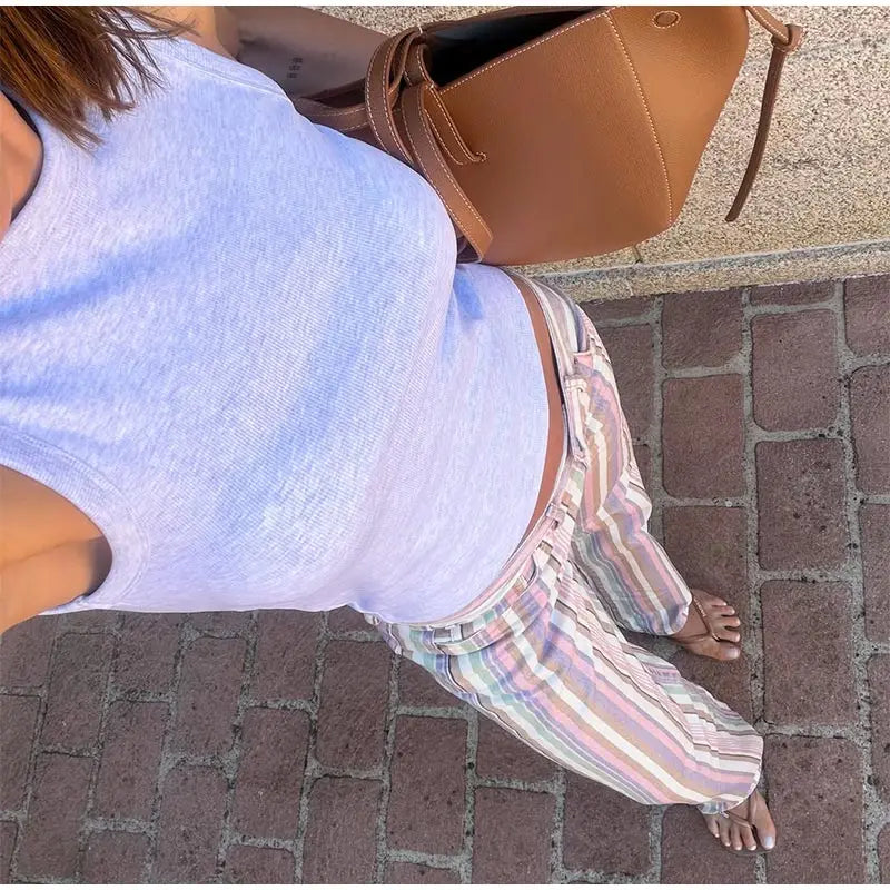 Color Block Rainbow Stripe Wide Leg Jeans for Women