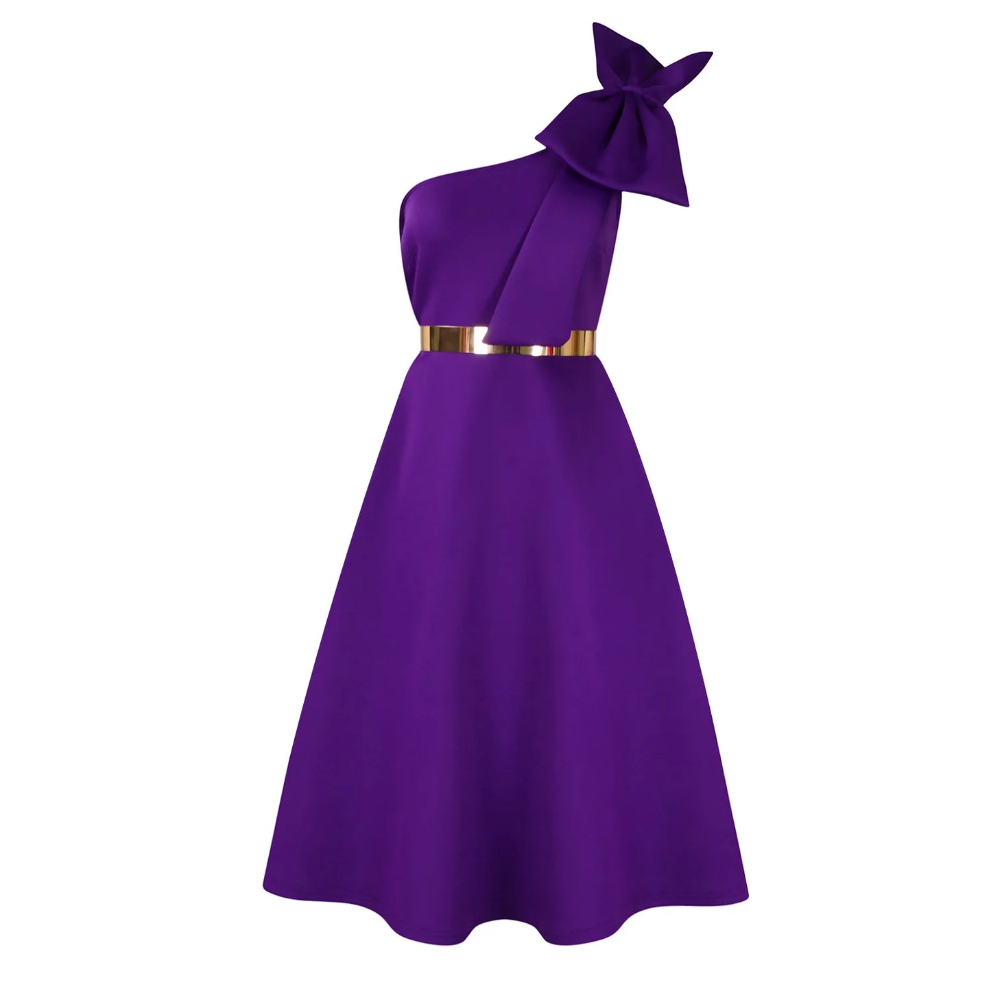 Dress One Shoulder A Line Pleated Knee Length Sleeveless Bow Belt Elegant Party Style