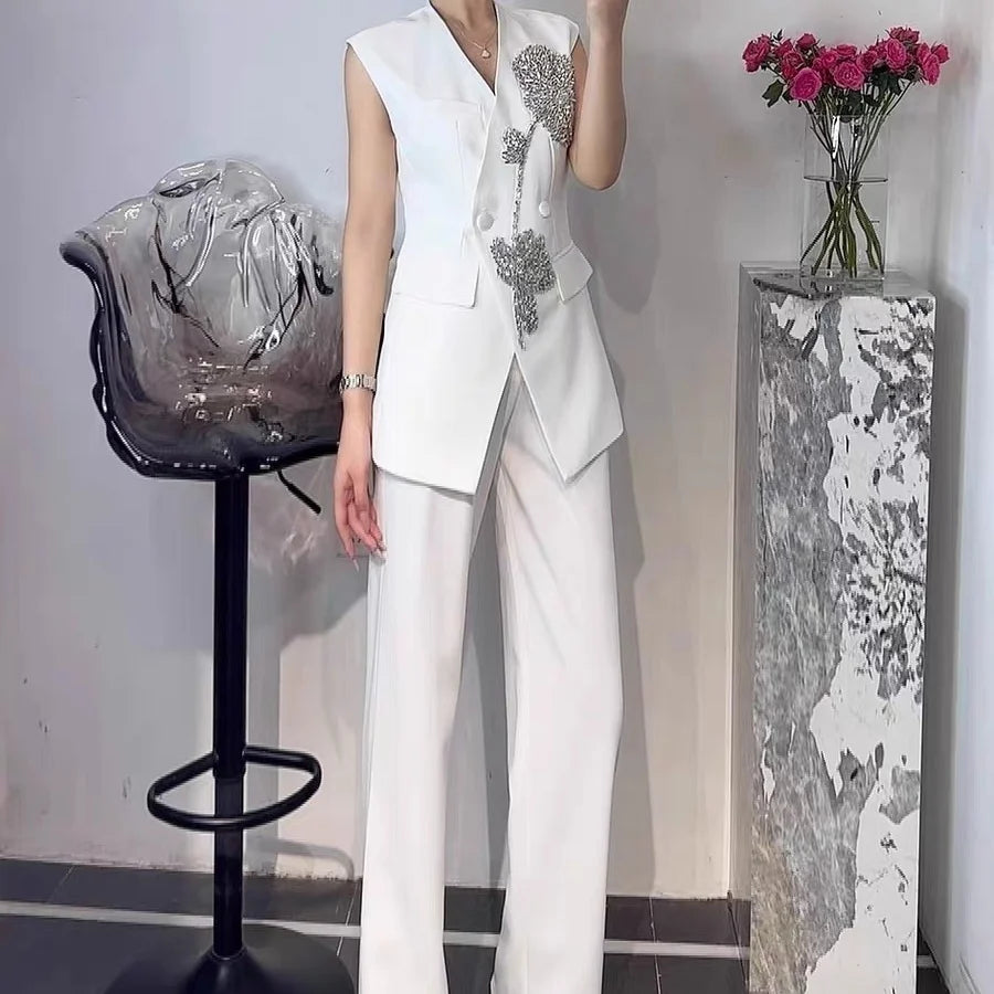 Beaded Luxury Double Breasted Vest Jacket Two Piece Set for Women