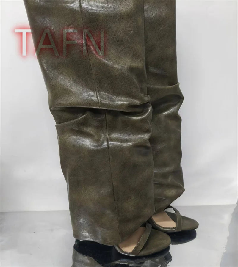 Pleated Knee High Boots Open Toe One Strap High Heel for Women