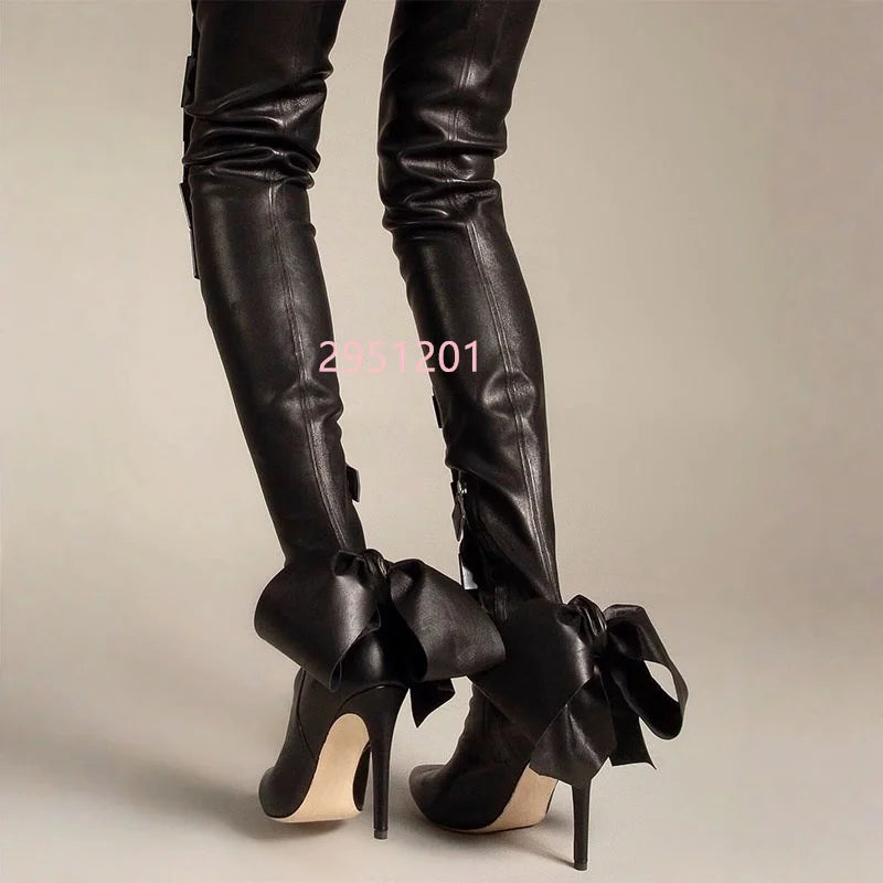 Butterfly Knot Bow Over The Knee Pointy Stiletto Boots for Women