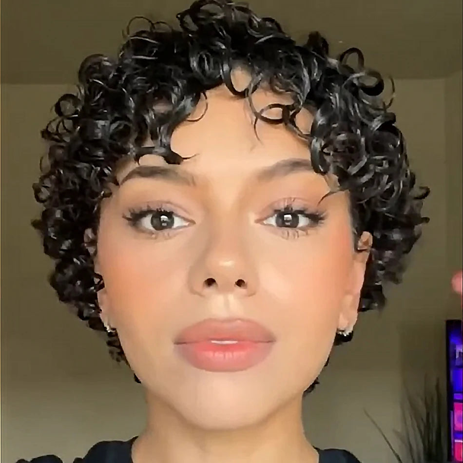 Black Kinky Curly Pixie Remy Human Hair Wig for Women